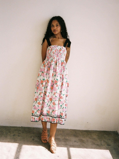 Women Summer Vacation Floral Print Smocked Bust Sling Dress Butterfly Tie-up Straps Midi A-Line Dresses Casual Beach Party Sundress