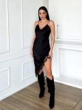 Sexy Women Satin Silk Slip Dress V Neck Backless Lace Patchwork Slit Irregular Hem Midi Cami Dresses For Evening Party Dating Club