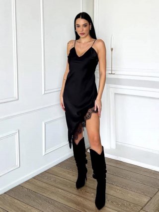 Sexy Women Satin Silk Slip Dress V Neck Backless Lace Patchwork Slit Irregular Hem Midi Cami Dresses For Evening Party Dating Club