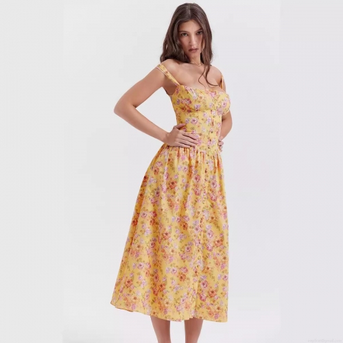Women's Floral Print Spaghetti Strap Midi Dress Sexy A-Line Vacation Sun Dress with Front Buttons and Pockets Polyester Spandex Summer Casual Outfits