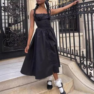 Women's Retro Elegant Sleeveless Square Neck Midi Dress Lace Trim Button Front A-Line Long Dress With Pockets Solid Color Summer Vacation Party Outfit