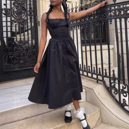 Women's Retro Elegant Sleeveless Square Neck Midi Dress Lace Trim Button Front A-Line Long Dress With Pockets Solid Color Summer Vacation Party Outfit