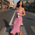 Women's Summer Bohemian Floral Spaghetti Strap Midi Dress Sexy Bodycon Ruffled Bust Sun Dress For Vacation Beach Dating Streetwear