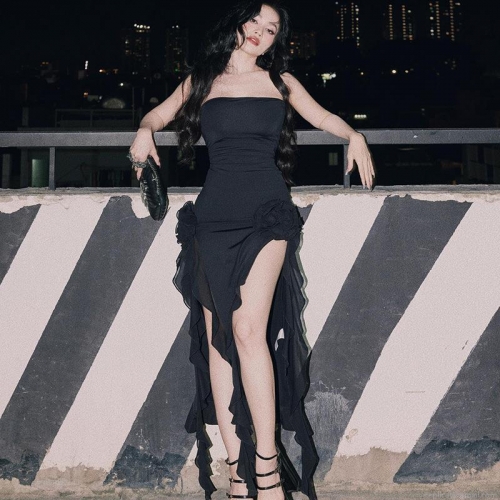 Women's Sexy Strapless Bodycon Midi Dress Elegant Polyester Spandex High Split Ruffle Trim Floral Decor Evening Party Banquet Wedding Guest Dress