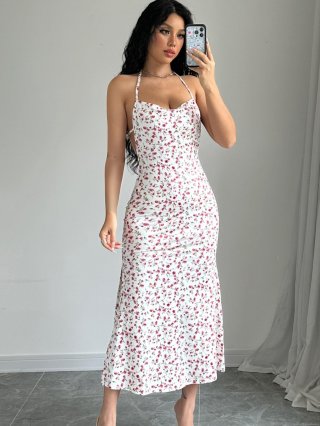 Women Floral Print Halter Neck Dress Sexy Backless Side Slit Sleeveless Midi Dress Polyester Spandex Blend Summer Beach Vacation Party Sweet Slim Fit Sundress