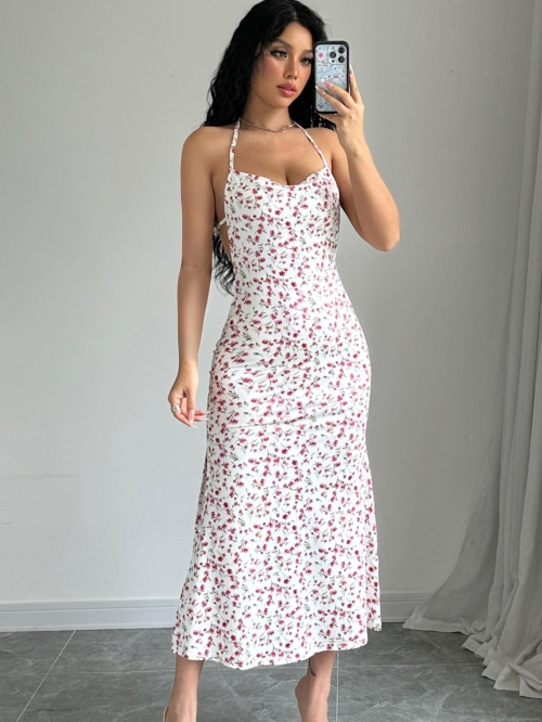 Women Floral Print Halter Neck Dress Sexy Backless Side Slit Sleeveless Midi Dress Polyester Spandex Blend Summer Beach Vacation Party Sweet Slim Fit Sundress