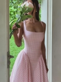 Women's French Fresh Plaid Midi Dress Summer Square Neck Sleeveless A-Line Backless Fashion Gingham Camisole Princess Dress For Vacation Daily Party
