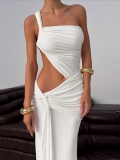 Sexy One Shoulder Ruched Cutout Bodycon Midi Dress For Women Polyester Spandex Asymmetric Hollow Out Sleeveless Party Night Out Maxi Dress