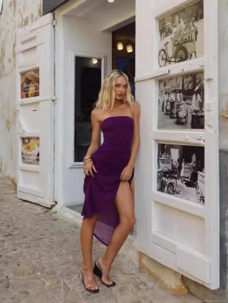 Sexy Mesh Splicing Ruched Tube Top Midi Dress Women Backless Asymmetric Slit Bodycon Dress Milk Silk Polyester Elastane Party Clubwear Evening Dresses