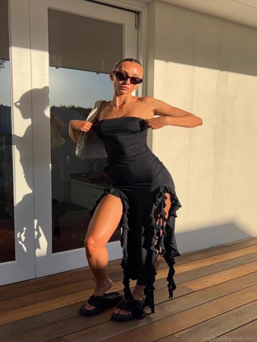 Women's Sexy Ruched Tube Top Midi Dress With Ruffles High Slit Irregular Hem Polyester Elastane Strapless Bodycon Sundress For Summer Beach Vacation Party