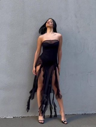 Sexy Tube Top Perspective Mesh Patchwork Midi Dress Women Ruffle Irregular Hem High Slit Club Party Bodycon Hot Girl Outfits