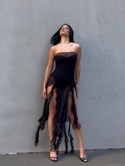 Sexy Tube Top Perspective Mesh Patchwork Midi Dress Women Ruffle Irregular Hem High Slit Club Party Bodycon Hot Girl Outfits