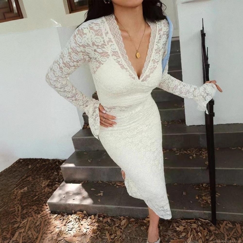 Women Sexy White Lace Patchwork Midi Dress Long Sleeve Deep V Neck See Through Hollow Out Slim Fit Bodycon Club Party Evening Dress