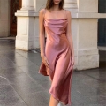 Women's Sexy Backless Satin Midi Dress Cowl Neck Asymmetric Hem Spaghetti Strap Shiny Velvet Slip Dress Party Evening Clubwear Summer Streetwear