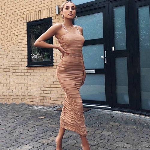 Women Sexy Ruched Mesh Maxi Dress Off Shoulder Sling Slim Fit Bodycon Party Nightclub Dress With Side Split Elegant Sleeveless Evening Long Dress