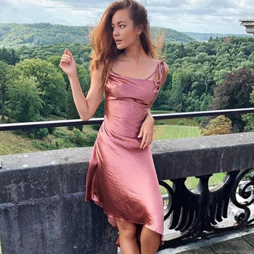Sexy Cowl Neck Satin Midi Dress Spaghetti Strap Backless Asymmetric Hem High Slit Evening Party Dress For Women Bodycon Clubwear