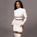 Women Sexy Mesh Patchwork Long Sleeve Midi Dress Mock Neck See Through Perspective Bodycon High Waist Slim Fit Elegant Club Party Gown For Lady