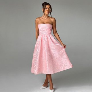 Women's Sexy Strapless Jacquard Midi Dress Elegant Off-Shoulder Backless Lace-up A-Line Party Dress Slim Fit High Waist Solid Color Evening Gown