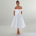 Elegant Off-Shoulder Midi Dress Polyester Satin Backless Pleated A-Line Evening Gown For Women Party Wedding Cocktail Dress
