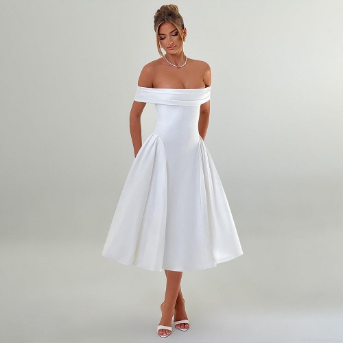 Elegant Off-Shoulder Midi Dress Polyester Satin Backless Pleated A-Line Evening Gown For Women Party Wedding Cocktail Dress