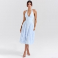Women's Sexy Halter Neck Backless V-Neck Jacquard Dress Elegant Sky Blue A-Line Midi Dress for Evening Party Wedding Banquet Sleeveless Knitted Gown