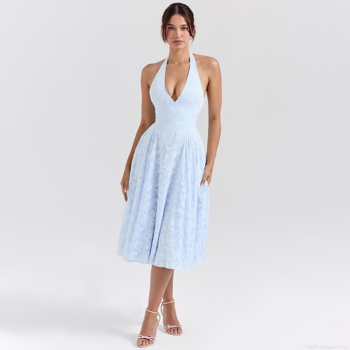 Women's Sexy Halter Neck Backless V-Neck Jacquard Dress Elegant Sky Blue A-Line Midi Dress for Evening Party Wedding Banquet Sleeveless Knitted Gown