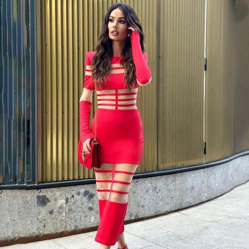 Women Sexy Mesh Patchwork See-through Bodycon Midi Dress Long Sleeve Round Neck High Waist Slim Fit Polyester Club Party Streetwear Autumn Winter Dress
