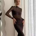 Women Sexy Mesh See-through Ruched Bodycon Midi Dress Long Sleeve Milk Silk Gauze Patchwork High Waist Slim Fit Elegant Evening Party Clubwear Gown