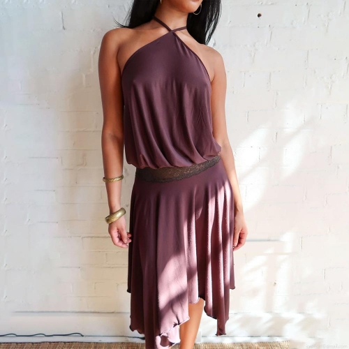 Women Sexy Halter Neck Backless Midi Dress Modal Fabric Lace Patchwork Asymmetrical Hem Slim Fit Summer Sleeveless Party Date Clubwear Dress for Women