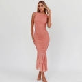 Sexy Mesh Shirred Backless Bodycon Midi Dress With Ruffle Mermaid Hem Sleeveless Solid Color Polyester Party Dress For Women