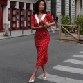 Women French Vintage Polka Dot Midi Dress With White Peter Pan Collar And Bow Slim Fit Short Sleeve Bodycon Pencil Dress For Summer Party Red