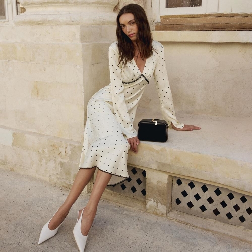 Elegant Women's Polka Dot V-Neck Long Sleeve Maxi Dress Polyester Satin Slim Fit Streetwear Party Clubwear With Lace Trim