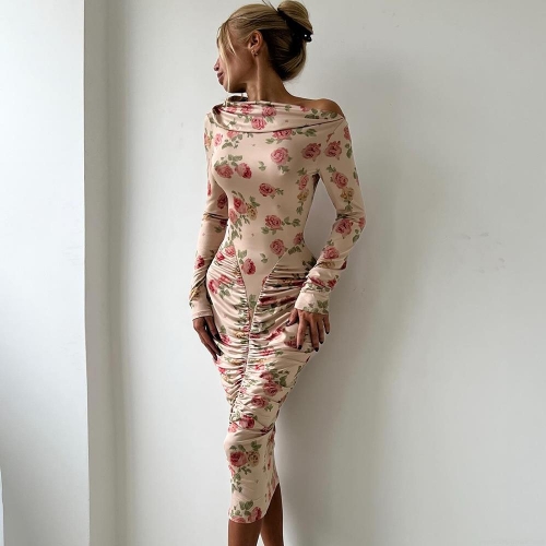 Women's Sexy Rose Floral Print Long Sleeve Bodycon Midi Dress With Ruching Off Shoulder Drape Neck Polyester Streetwear Party Clubwear Outfit