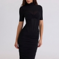 Women's Sexy Sheer Mesh Patchwork Ruched Midi Dress Half Turtleneck Slim Fit Short Sleeve Bodycon Club Party Dress