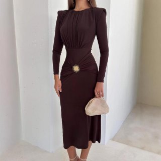 Women's Elegant Midi Dress Long Sleeve Milk Silk Bodycon Slim Fit Ruched Dress With Metal Sun Buckle Autumn Winter Party Streetwear