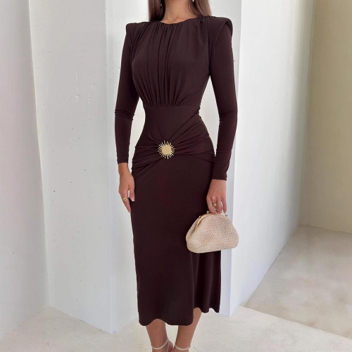 Women's Elegant Midi Dress Long Sleeve Milk Silk Bodycon Slim Fit Ruched Dress With Metal Sun Buckle Autumn Winter Party Streetwear