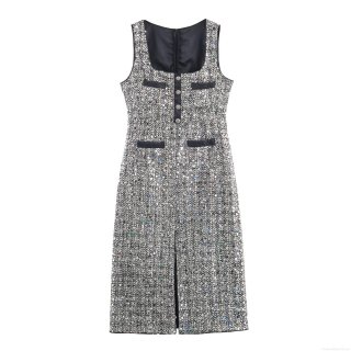 Women's Elegant Tweed Sequin Sleeveless Dress Sexy Square Neck Bodycon Midi Dress With Decorative Buttons And Pockets For Banquet Party