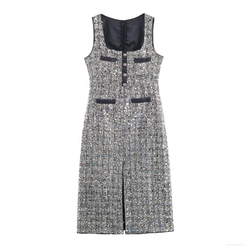 Women's Elegant Tweed Sequin Sleeveless Dress Sexy Square Neck Bodycon Midi Dress With Decorative Buttons And Pockets For Banquet Party
