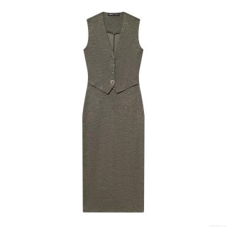 French Style V-Neck Knit Bodycon Midi Dress For Women Sleeveless Single Breasted Gold Button Textured Knit Vest Pencil Dress For Daily Party