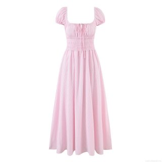 Women's Square Neck Puff Sleeve Midi Dress Striped Cotton Polyester Smocked A-Line Summer Dress Sweet Girl Style Sundress For Party Vacation