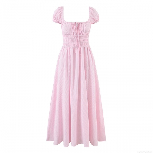Women's Square Neck Puff Sleeve Midi Dress Striped Cotton Polyester Smocked A-Line Summer Dress Sweet Girl Style Sundress For Party Vacation