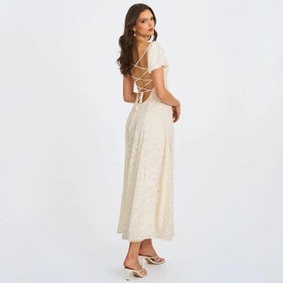Elegant Milk White Burnout Floral Lace Midi Dress Backless Cross Straps Puff Sleeve A-Line Party Dress For Women Hepburn Style Evening Gown