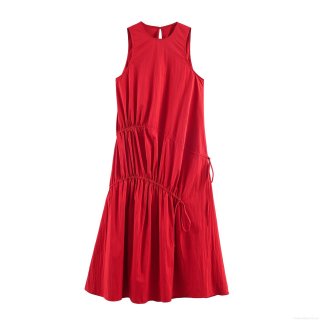 Women's Sleeveless Round Neck Red Midi Dress Polyester Solid Color with Bow Side Drawstring Detail Elegant Summer Party Straight Long Dress for Women