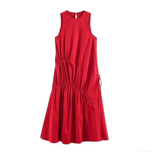 Women's Sleeveless Round Neck Red Midi Dress Polyester Solid Color with Bow Side Drawstring Detail Elegant Summer Party Straight Long Dress for Women