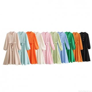 Elegant French Style Pleated Texture Midi Dress For Women Long Sleeve Stand Collar Button Down Shirt Dress With Belt Sweet Solid Color Autumn Fashion Outfits