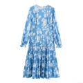 Elegant Women Light Blue Floral Pleated Long Dress Long Sleeve Round Neck Asymmetric Gold Buttons High Waist Autumn Midi Maxi Dress