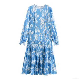 Elegant Women Light Blue Floral Pleated Long Dress Long Sleeve Round Neck Asymmetric Gold Buttons High Waist Autumn Midi Maxi Dress