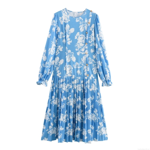 Elegant Women Light Blue Floral Pleated Long Dress Long Sleeve Round Neck Asymmetric Gold Buttons High Waist Autumn Midi Maxi Dress