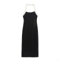 Elegant Halter Neck Knit Midi Dress Women's Sexy Backless Color Block Slim Fit Sleeveless Dress for Party Wedding Evening Dating