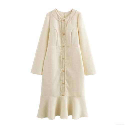 Elegant French Style Tweed Midi Dress For Women Vintage Round Neck Long Sleeve Mermaid Hem Dress With Gold Buttons Ivory White Party Dress